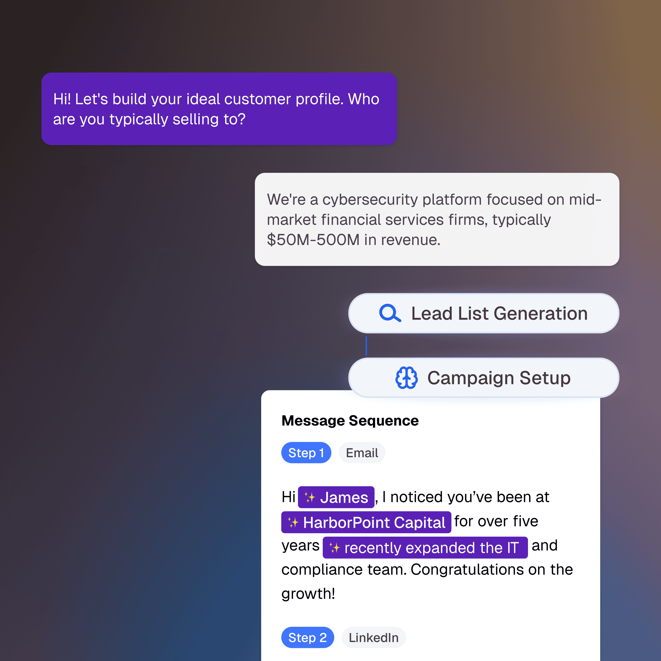 HeyStack AI workflow showing lead list generation, campaign setup, and automated message sequences with personalized outreach